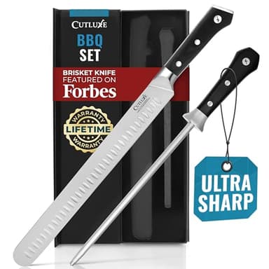 Cutluxe BBQ Knife Carving Set – 12" Brisket Knife & 10" Honing Rod, Butcher Knife Set for Meat Cutting – Ultra Sharp German Steel, Ergonomic Pakkawood Handles – Artisan Series