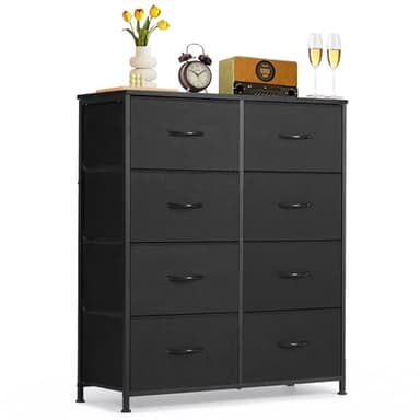 8-Drawer Dresser for Bedroom, Anti-Tip Tall Storage Organizer Chest of Drawers with Wooden Top and Metal Frame Fabric Bins for Closet, Living Room, Hallway, Entryway, Black