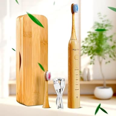 MgcSto Sonic Electric Bamboo Toothbrush for Adults -5 Adjustable Cleaning Modes -Includes 2 Bamboo Heads with Castor Oil Bristles - Upgraded IPX7 Waterprood -Convenient Charging & Travel Case
