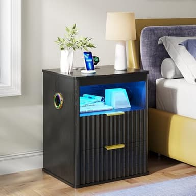 MDGC Fluted Nightstand with - Bluetooth Speakers,19.7” W LED Smart Night Stand with Charging Station,2 Drawers and Human Senor RGB Lights,Modern Bedside Table & End Tables for Bedroom(Grey)