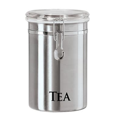 Oggi Stainless Steel Tea Canister 62 fl oz - Airtight Clamp Lid, Clear See-Thru Top - Ideal for Tea Bag, Loose Tea, Kitchen Storage, Pantry Storage. Large Size 5" x 7.5".