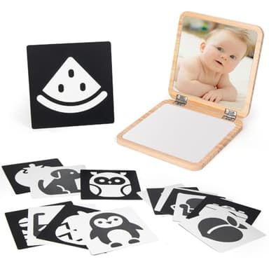 Woodtoe Tummy Time Mirror for Infant, 0-180° Adjustable Baby Mirrors with 15 Black and White Educational Cards, Shatterproof & Portable Baby Safe Mirror Toy, Developmental Baby Gift for 0-6 Months