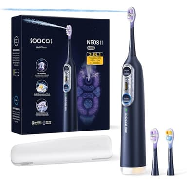 Soocas NEOS II Ultra – Electric Toothbrush with Water Flosser Combo, 3-in-1: Flosses, Vibrates and Oscillates, Flossing Toothbrush for Adults, Cordless Water Flosser for Travel, Midnight Blue