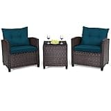 Tangkula 3 Pieces Patio Furniture Set, PE Rattan Wicker 3 Pcs Outdoor Sofa Set w/Washable Cushion and Tempered Glass Tabletop, Conversation Furniture for Garden Poolside Balcony (Prussian Blue)