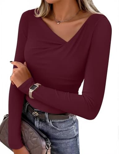 ZESICA Women's Long Sleeve Asymmetrical Neck Ruched Slim Fit Shirts 2026 Fall Fashion Tops Business Casual Blouses, Wine Red, S