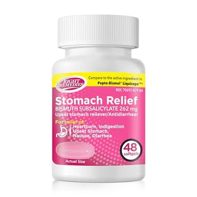 RIGHT REMEDIES Upset Stomach Relief, Multi-Symptom Relief (48 Softgels), Bismuth Subsalicylate 262mg, Compare to the Active Ingredient in PEPTO-BISMOL® Liquidcaps