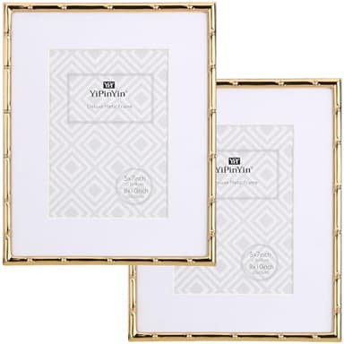8x10'' Bamboo Detail Gold Metal Picture Frame with Acid Free Mat for 5x7'' Set of 2, Narrow Gold Plated Photo Frames 5 x7'' With Soft Touch Velvet Backing for Desktop and Wall Décor(Dark Gold)