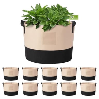 LITLANDSTAR 10 Gallon Fabric Grow Bags, 10 Pack Heavy Duty Thickened Nonwoven Plant Grow Bags with Handles and Label Bags, Fabric Plant Pots for Growing Vegetables Flowers Herbs (Black Mixed Camel)