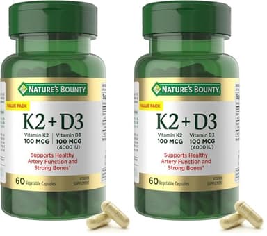 Nature's Bounty Supplement, 4000 IU Vitamin D3 Plus 100 mcg of Vitamin K Supplements for Adults for Heart & Bone Health Support, 60 Day Supply, 60 Vegetarian Capsules (Pack of 2)