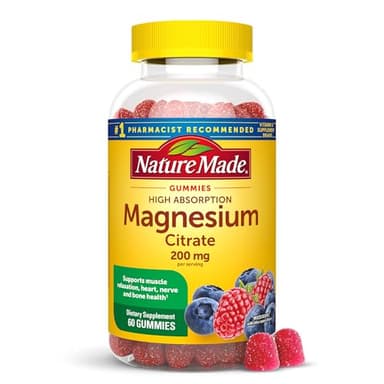 Nature Made High Absorption Magnesium Citrate 200 mg per serving, Magnesium Supplement for Muscle, Nerve, Bone and Heart Support, 60 Magnesium Gummies, 30 Day Supply