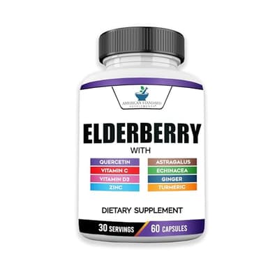 American Standard Supplements Elderberry Extract with Quercetin, Vitamin C, D3, Ginger, Zinc, Turmeric, Astragalus and Echinacea – 60 Capsules, 30 Servings