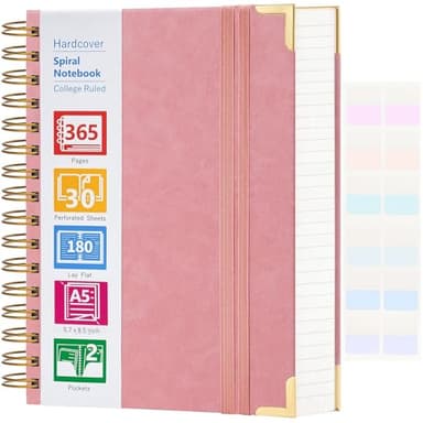 Spiral Notebook, 365 Page Hardcover Leather Notebook Journal, Large A5 Lined Journal for Women Men, College Ruled Notebooks for Work School, Journals for Writing, 24pcs Index Tabs, 5.5" x 8.5", Pink
