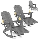 FOOWIN Folding Adirondack Rocking Chair Set of 2 with Retractable Ottoman and Cup Holders,HDPE All Weather Outdoor Adirondack Chair for Porch, Patio, Balcony,Poolside,Oversized Rocker Chair,Grey