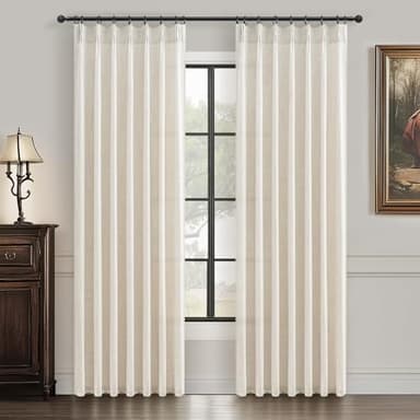 Pinch Pleat Thick Linen Viral Curtains 84 Inch Length 2 Panels Set for Living Room,Cream Beige Neutral Pleated Semi Sheer Curtain Light Filtering Privacy Let Light in Bedroom Window Drapes 40" Wx84 L