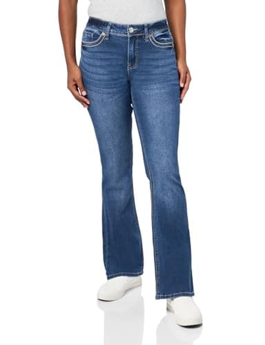 YMI Jeans Women’s Mid-Rise Studded Cross Flap Pocket Boot Cut Jean, Medium Blue Rips, 04