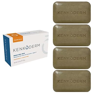 Kenkoderm Psoriasis Dead Sea Mud Soap with Argan Oil & Shea Butter, Natural Exfoliating Body & Face Cleanser for Sensitive Skin, Fragrance & Color-Free, 4.25 Ounce, 4 Bars