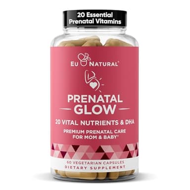 Eu Natural Glow Prenatal Vitamins for Women - 20-in-1 Prenatal Multivitamin with Folate & Vegan DHA - Supports Healthy Pregnancy, Fetal Development & Mom’s Comfort - 60 Vegetarian Capsules