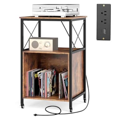 LOKO 3-Tier Rolling Record Player Stand, Mobile Turntable Stand with Power Outlet, Open Shelf & Dividers, Metal Frame, Industrial Vinyl Record Storage Table on Wheels for Living Room, Bedroom