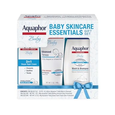 Aquaphor Baby Skin Care Essentials Gift Set with Baby Wash and Shampoo (16.9 Fl Oz) + Healing Ointment for Chapped Skin and Drool Rash (7Oz) + Diaper Rash Cream (3.5Oz), Hypoallergenic