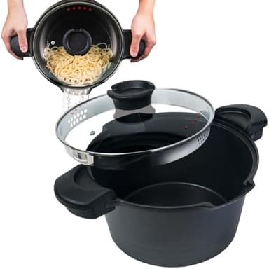 MasterPan 5 QT. Non-Stick Stock N’ Pasta Pot w/Locking Handles and Easy Pour Strainer, 9”