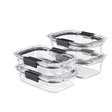 Rubbermaid Brilliance Glass Food Storage set of 4 containers 8 total pieces (4 containers + 4 lids) for Lunch Meal Prep and Leftovers Dishwasher and Oven Safe Clear/Grey