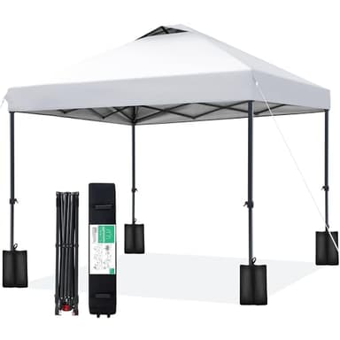 JEAREY 10x10 ft Pop Up Canopy Tent, Heavy Duty Outdoor Canopy with 1-Push Instant Setup, Commercial Tent with Roller Bag, 4 Sandbags and 8 Stakes, Water-Resistant, White