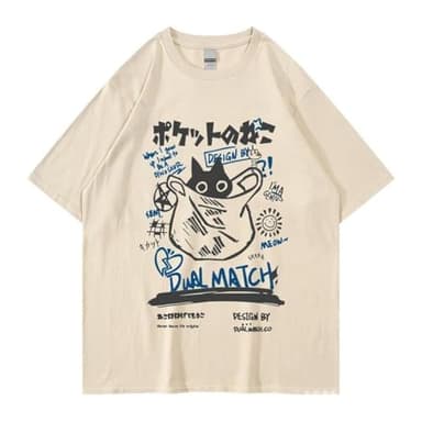 Unisex Cartoon T-Shirts Harajuku Kawaii Cat Letter Printed Short Sleeve Tees Couple Loose Clothes Y2K Tops (Medium,Khaki)
