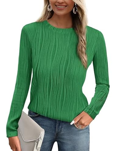 PRETTYGARDEN Long Sleeve Tops for Women Spring Fall Trendy Business Dressy Casual Shirts Crewneck Textured Blouse Clothes (Brilliant Green,Medium)