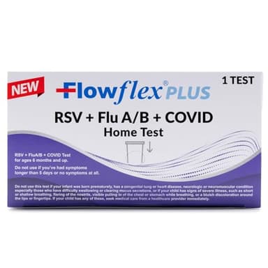 Flowflex Plus RSV + Flu A/B + COVID Home Test, 4-in-1 Home Test Kit, Rapid Results in 15 Minutes, OTC At-Home Antigen Test for Adults & Children (1)