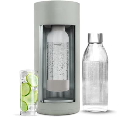 Mysoda Glassy Soda Streaming Machine + 1L Glass and 1L Plastic Bottle - Silent Carbonated Water Machine Soda Maker with Sliding Door Opening - No Cylinder Included - Pigeon