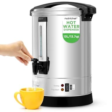 NutriChef Water Boiler and Hot Water Dispenser, 13L Electric Beverage Dispenser with Safety Lock Lid, Non-Drip Tap, Warm Function, Food Grade Stainless Steel, Home and Commercial Use, 20x11x11 in.