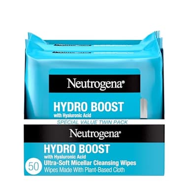 Neutrogena Hydro Boost Ultra-Soft Micellar Cleansing Wipes with Hyaluronic Acid, Hydrating Makeup Remover Wipes Remove Dirt & Waterproof Makeup, Hypoallergenic, Plant-Based Cloth, 2 x 25 ct