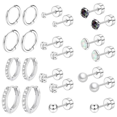 Hypoallergenic Flat Back Earring Sets for Multiple Piercing Sterling Silver Small Huggie Hoop Earrings for Women Surgical Stainless Steel FlatBack Silver Stud Earrings Trendy Cartilage Earring Stacks