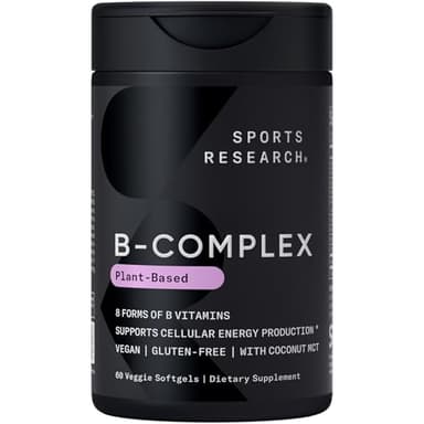 Sports Research® Vitamin B-Complex - Full Spectrum of B Vitamins with Methylated B12 & Folate - Gluten Free · Plant-Based · Non-GMO · Vegan-Friendly Formula - 60 Veggie Softgels
