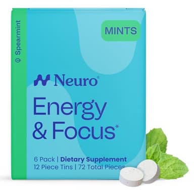 Neuro Energy & Focus Mints - Sugar Free Breath Mints with 40mg Natural Caffeine, B Vitamins & L-Theanine - Vegan Brain Supplement for Exercise, Study & Daily Focus - Spearmint, 72 ct