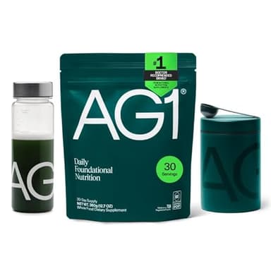 AG1 Greens Powder Supplement Bundle w/Stainless Steel Storage Canister – Multivitamin, Probiotic & Superfood Blend | Gut Health & Daily Wellness Support | Includes Shaker & Scoop | Vegan, Gluten-Free