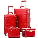 urecity Vintage Luggage Sets of 3 Piece - Hardside Lightweight Spinner Suitcases - Retro Travel Set includes Under Seat Train Case, Cosmetic Train Case, Red Alligator