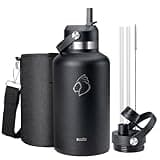 64oz Insulated Water Bottle with Straw Spout Lid, BUZIO Half Gallon Stainless Steel Thermo Flask with Carrying Pouch, Double Wall Vacuum Wide Mouth Leak Proof Tumbler Mug Metal Canteen, Black