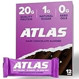 Atlas Protein Bar, 20g Protein, 1g Sugar, Clean Ingredients, Gluten Free (Dark Chocolate Almond, 12 Count (Pack of 1))