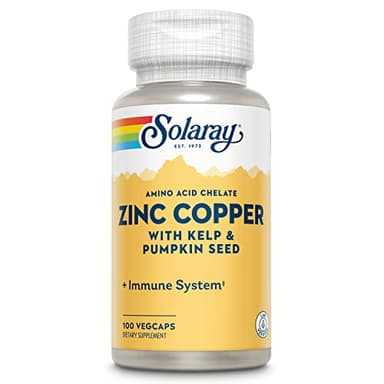 SOLARAY Zinc Copper Amino Acid Chelate - Immune Support Supplement w/Chelated Zinc 50mg - Bone, Skin, Heart Health and Thyroid Support - with Iodine from Kelp, 60-Day Guarantee, 100 Serv, 100 VegCaps