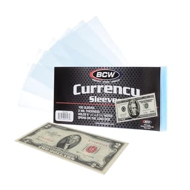 BCW Regular Bill Currency Sleeves – 100 Pack | Thin, Low-Bulk, Acid-Free Polypropylene Sleeves for US Paper Currency | Clear Protective Sleeves for Handling