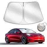 Upgraded Sunshade for Tesla Model 3/Y Windshield, Improved UV Protection Fabric, Metal Frame, Full-Size Foldable Front Sun Shade, Professional Accessories for Tesla Model 3/Y 2016 to 2025
