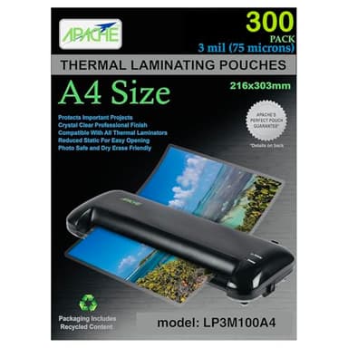 Apache 300 Pack Laminating Pouches 3 mil, Holds 210 x 297 mm A4 Size (216 x 303 mm Sheets), Office and School Supplies, Thermal Laminating Sheets, Super Clear, Round Corner