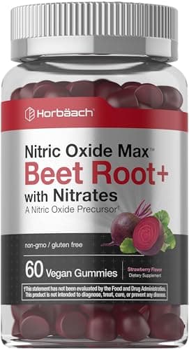 Horbäach Nitric Oxide Beet Root Gummies | 60 Chews | with Nitrates, Vitamin C & Black Pepper | for Men & Women | Strawberry Flavor | Vegan, Non-GMO, Gluten Free Supplement