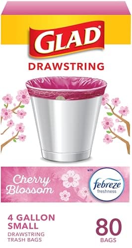 Glad Small Trash Bags 4 Gallon, Febreze Cherry Blossom Garbage Bags, Odor Resistant with Drawstring, 80 Count