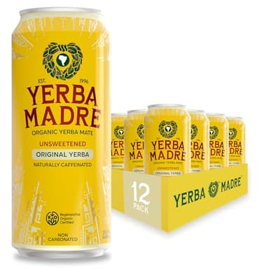 Yerba Madre Organic Yerba Mate, Energy Drink Alternative, Unsweetened Original Yerba, 150mg Plant Based Caffeine, Smooth Energy & Focus, No Jitters or Crash, 15.5oz Cans (Pack of 12)