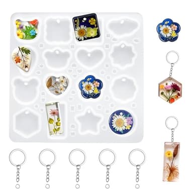 Keychain Resin Molds Silicone with Hole 16 Cavities UV Resin Jewelry Pendant Mold Silicone Mold Cavities for Epoxy with 5Pcs Jump Rings Epoxy Resin Molds for Keychain Pendant Jewelry Making