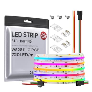 BTF-LIGHTING FCOB WS2811 IC RGB COB LED Strip DC12V 720LED/m 16.4FT Flexible High Density Uniform Chasing Color Light 20IC/m 12mm Width Light for Home Indoor Decor(No Adapter or Controller)