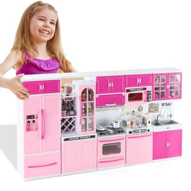 SOCBTNSO 64 PCS Pink Kitchen Toys with Lights Sounds|Mini Kitchen House Furniture Sets for Kids Ages 4-8|Doll Playset Toys for Toddlers 3-5|Birthday Gifts for 3 4 5 6 7 8 Old Girls
