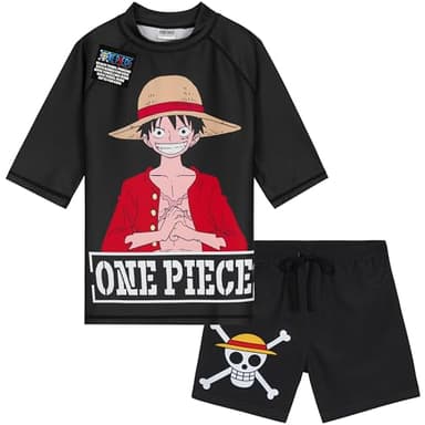 Get Trend One Piece Swimsuit Set for Boys Teens Anime 2 Pcs with Swimming Trunks Boys Rash Guard for Swimming (13-14 Years, Black One Piece)